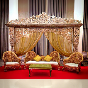 Scène de mariage indienne sculptée dorée style Bollywood, scène de mariage Rajwada, ensemble de scène Jodha Akber, décoration de scène en gros pour l'Australie - Product Image 1