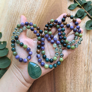 สร้อยคอหยกมอสธรรมชาติ, พรีไนต์, หยกเขียว, สร้อยมาลา <span class=keywords><strong>108</strong></span> เม็ดผูกด้วยมือ, เครื่องประดับสำหรับการทำสมาธิ, คริสตัลบำบัดสไตล์โบโฮ, ของขวัญสำหรับโยคะและการสวดมนต์ - Product Image 1