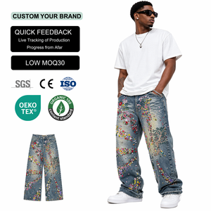 Pantalones vaqueros rectos holgados de cintura alta con flores bordadas en 3D de diseño personalizado, Vaqueros lavados desgastados de estilo Vintage Hip Hop para hombre - Product Image 1