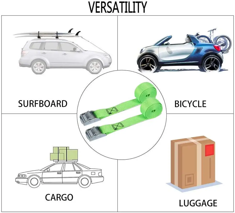 カムバックルタイダウン1インチグリーンラッシングストラップ、キャリーバッグ付きカーゴラゲッジカヤックの固定に最適