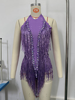 Justaucorps violet à franges de paillettes, dos nu, sans manches, orné de strass, pour danse latine, danse du ventre, spectacle, showgirl, drag, gogo, danse de scène