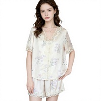 Nouvel ensemble de pyjama tissé haut de gamme pour femme, imprimé floral, légèrement luxueux, col en V, manches courtes, 2 pièces, short à taille élastique