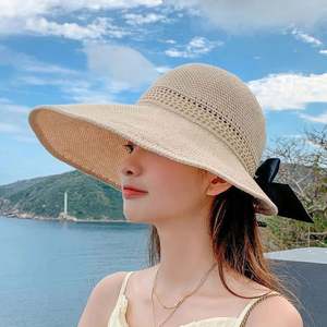 Women's Summer Hollowed-out Bow Big Brim Empty <b>Top</b> Beach Sunshade Sun Protection Straw Hat Visor - Product Image 2