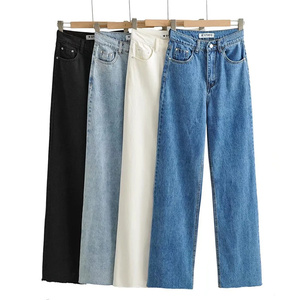 <span class=keywords><strong>Pantalones</strong></span> vaqueros de pierna recta holgados multifuncionales de otoño para mujer, <span class=keywords><strong>pantalones</strong></span> largos sólidos de mezclilla de piernas anchas con bordes <span class=keywords><strong>rotos</strong></span> ajustados de cintura alta - Product Image 2