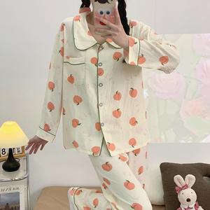 Style coréen fraise pêche mode vent pyjamas à manches longues femme printemps et automne nouveau petit revers costume décontracté vêtements de maison - Product Image 4
