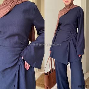<span class=keywords><strong>Ensemble</strong></span> 2 pièces <span class=keywords><strong>tunique</strong></span> et <span class=keywords><strong>pantalon</strong></span> de couleur unie, style portefeuille, décontracté pour le printemps et l'été, vente en gros, chemisiers et coordonnés de mode féminine - Product Image 2