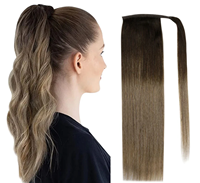 Queue de cheval populaire brun foncé en cheveux humains vierges Remy bruts, double épaisseur, extensions de cheveux blonds épais à clipser pour femmes