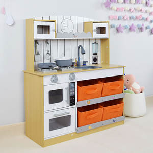 Cuisine de jeu en bois pour enfants avec four, cuisinière, évier, mixeur et bacs de rangement, ensemble de cuisine d'imitation Montessori – Naturel - Product Image 4