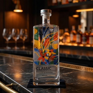 Bouteille en <span class=keywords><strong>verre</strong></span> carrée personnalisée de 750 ml pour spiritueux (vodka, gin, whisky) avec bouchon, motif plante tropicale - Product Image 4