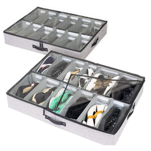 Heavy Duty 12 cells Underbed Shoe Storage Bag with Clear Lid Under Bed Shoes Tidy Organiser Foldable Fabric Holder Closet