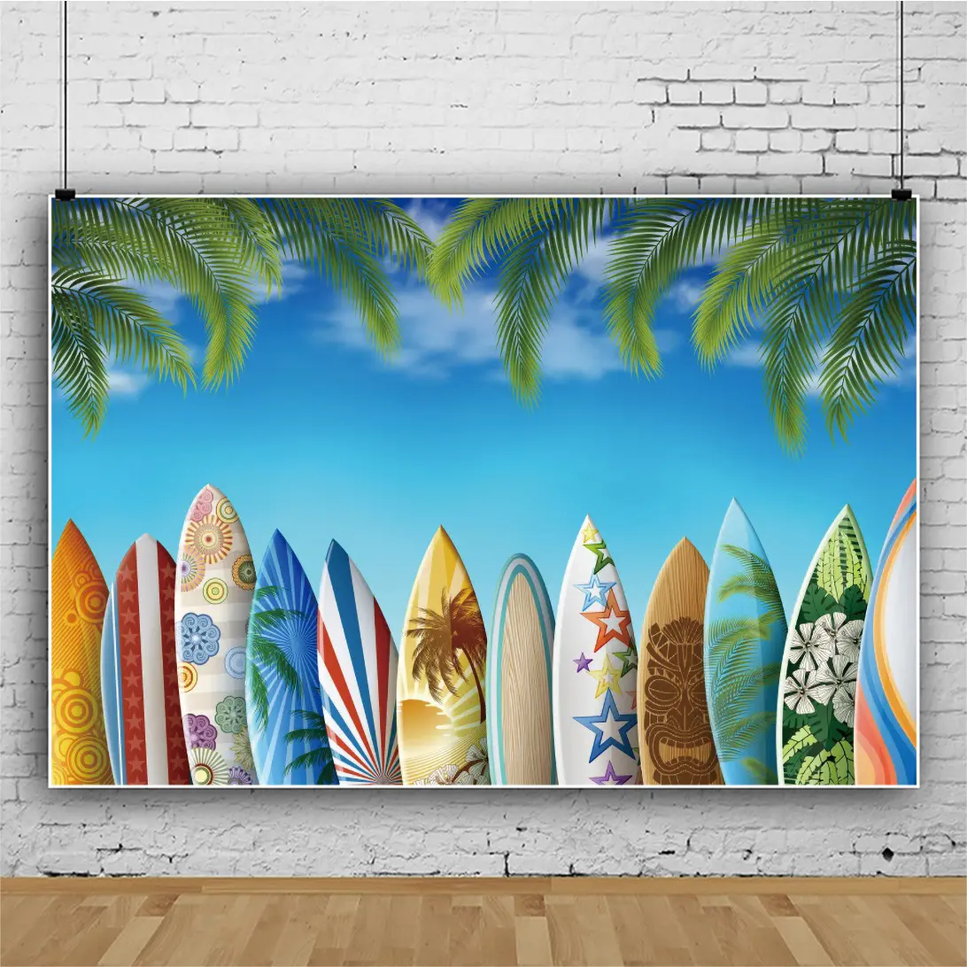 Verano Hawaii Tropical Seaside Beach telón de fondo palmera tabla de surf Luau fiesta temática retrato fotografía Fondo decoración suministro