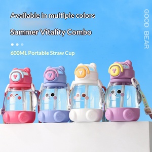 Customized Minimalist Plastic Water Cup, Outdoor Portable Cartoon <b>Couple</b> Cup with Bouncing Lid and Straw - Product Image 1