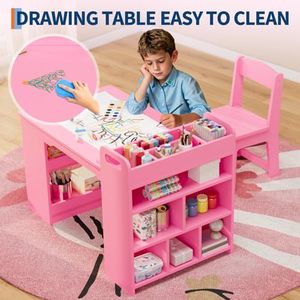 Mesa y Sillas Infantiles de Madera, Muebles de Madera para Niños Pequeños, Mesa de Dibujo de Madera <span class=keywords><strong>con</strong></span> 2 Sillas, Mesa de Manualidades <span class=keywords><strong>con</strong></span> Amplios Estantes de Almacenamiento - Product Image 6