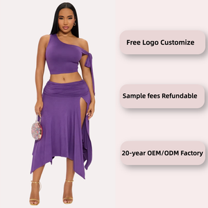 Mode <span class=keywords><strong>Sexy</strong></span> doux vêtements de rue femmes vendeur de vêtements irrégulier sans manches haut à lacets et jupe longue fendue 2 pièces ensemble - Product Image 2