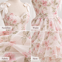 Robe midi personnalisée pour femme en organza à imprimé floral, avec bretelles à nœud, col incurvé, jupe superposée froncée, coupe trapèze, pour occasions spéciales
