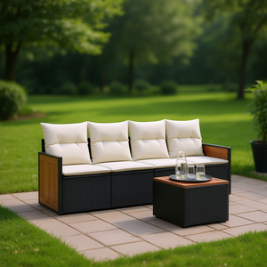 Black Pe <b>Rattan</b> Garden <b>Sofa</b> Set 4 Seater Weather Resistant Outdoor Furniture Contemporary Design Teak Wood Frame - Product Image 2