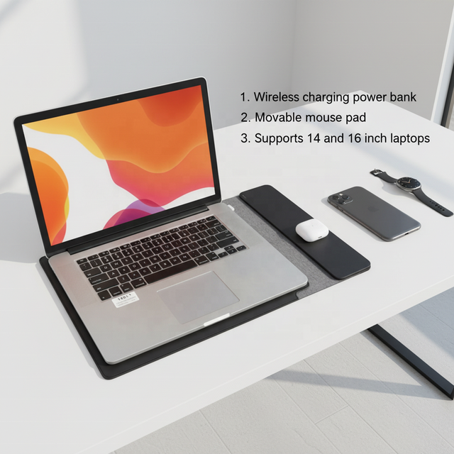 2026 New Technology Gadgets 6 in 1 Magnetic Leather Power Bank Laptop Sleeve 15W Fast Wireless Charger Laptop Stand & Mousepad