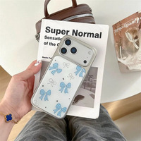 Coque arrière bleue style coréen avec nœud pour iPhone 17 13 11 Pro Max, coque de téléphone électroplaquée à bord argenté pour iPhone 18 Pro