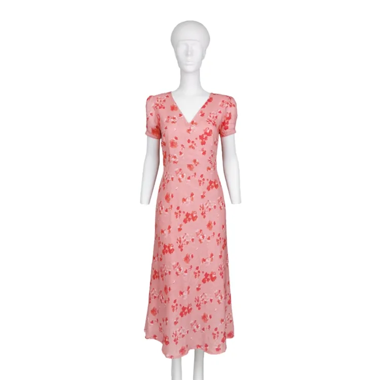 High Quality And Cheap Floral print v neck fit and elegant women fashion slim linen print dress with cotton lining