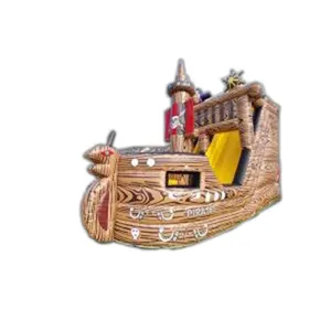 木製装飾デザイン弾む城海賊船インフレータブルトランポリン遊び場インフレータブルバウンスハウスコンボスライド付き