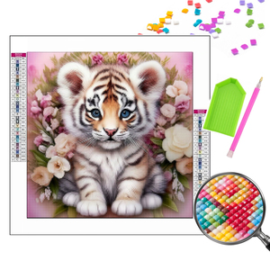Kit de Pintura de Diamantes 5D DIY de Gato Tigre para Adultos, Venta al por Mayor, Arte de Diamantes de Animales con Fondo Floral Lindo - Product Image 1