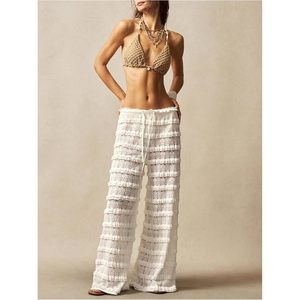 Pantalon en dentelle crochetée pour femme, à volants superposés, taille élastique, en maille, coupe ample, 100 % coton tricoté respirant, idéal comme cache-maillot de plage - Product Image 5