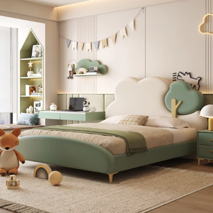 Letto per Bambini Moderno Minimalista in Pelle, Struttura in Legno Massello, Imbottito, di Piccole Dimensioni - Product Image 1