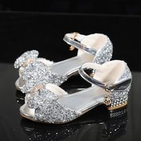 Chaussures d'été à talons pour enfants, mode enfantine, avec paillettes, pour l'école, jolies chaussures de princesse avec nœud appliqué pour anniversaire, vente en gros