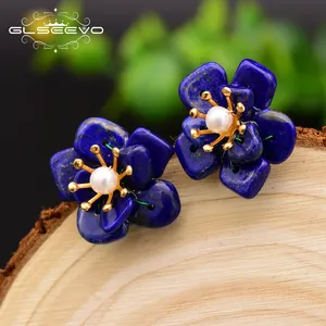 Natural Fresh Water Pearl Stud Earrings For Women Lapis Lazuli Stone Flower Earring For Party earrings bulk