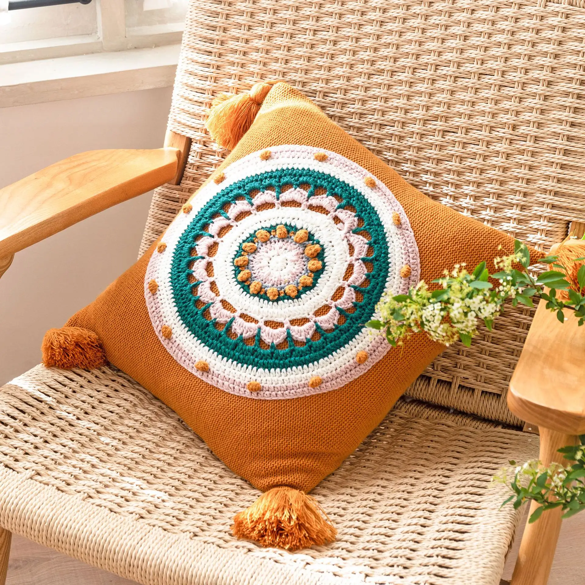 Wholesale Romantic Knit Crochet Flower Cushion Cover Sofa Cushion Case Pillow Case Waist Throw Pillow Cover