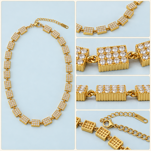 Collier rectangulaire en or avec blocs de cristaux pavés pour femme, bijoux de fête, vente en gros d'usine - Product Image 3
