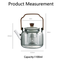 Théière moderne en verre borosilicate avec poignée en bois, compatible cuisinière, 1100 ml, transparente, gris fumé, avec infuseur amovible pour thé et fruits