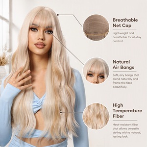 Perruque synthétique longue ondulée blonde avec frange, aspect <span class=keywords><strong>naturel</strong></span>, résistante à la chaleur, pour femme, usage quotidien, fête, cosplay, peut être permanentée - Product Image 5