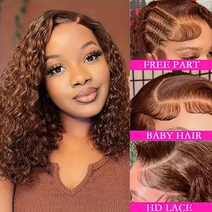 Parrucche con frontino in pizzo 13x4 per donne di colore, parrucca <span class=keywords><strong>bob</strong></span> riccia bruna scura brasiliana, parrucca corta con onda profonda in capelli umani, parrucche con frontino in pizzo colorate. - Product Image 4