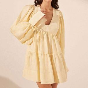 Nuevo Diseño de Vestido de Lino para Mujer, Elegante, con Cordón Ajustable, Manga Larga, de Algodón y Lino, Casual, Plisado, Mini, Corte en A - Product Image 2