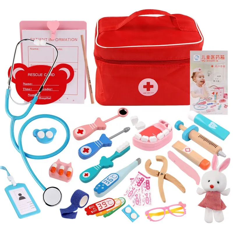 Early Learning Pretend Play Medical Kit for Kids Wooden Dentist Doctor Kit Toy Realistic Education Doctor Toys with Carry Bag
