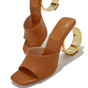 Sandali con Tacco a Cerchio Personalizzati alla Moda, Punta Quadrata, in PU, Neri, <span class=keywords><strong>Bianchi</strong></span>, Dorati, da Donna, con Punta Aperta - Product Image 4