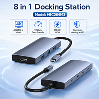 Base de Conexión USB-C 8 en 1 con 4K+60Hz para 100W PD, 3*10Gbps USB-C Gen2 y 3*10Gbps USB-A 3.2, Carcasa de Aluminio, Disponible en Stock