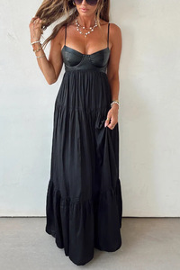 Vestiti all'ingrosso chic: Abiti lunghi estivi scollati all'americana, in <span class=keywords><strong>pelle</strong></span> plissettata, vestibilità ampia, sexy, da donna - Product Image 4