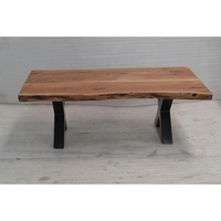 Table basse moderne vintage en bois massif avec bord naturel, pieds en métal industriels en X, pliable, pour la maison, l'hôtel, le salon