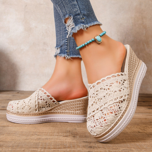 Mules compensées en crochet et dentelle pour femmes, sandales à plateforme ouvertes à enfiler, chaussures décontractées respirantes pour l'été - Product Image 4