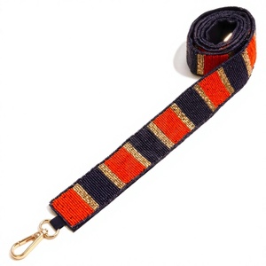 Bandoulière de sac à main en coton brodé faite à la main, de haute qualité, style bohème, ornée de perles, bleu marine et orange - Product Image 3