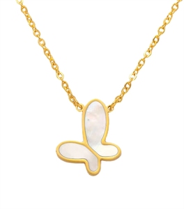 Collier rétro minimaliste français pour femmes en acier inoxydable, pendentif papillon en or 18 carats, nacre - Product Image 4