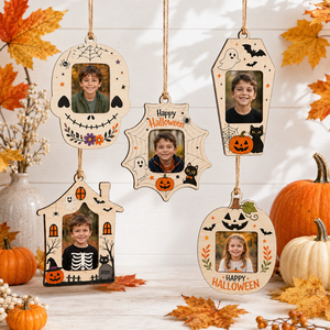 Adornos de madera para fotos de Halloween: diseño de calabaza, calavera, fantasma, murciélago y gato negro. Decoración colgante para árbol de Halloween y exhibición de fotos. - Product Image 1