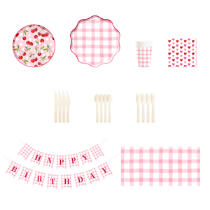 DAMAI Picnic Party Kids Birthday Party Supplies Cherry pink Plaid Elements <b>Disposable</b> <b>Tableware</b> Paper Napkins Cups Plates - Product Image 4