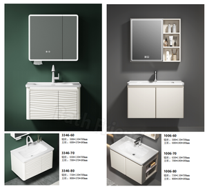 Lujoso Lavabo de Cerámica Moderno de Tamaño Pequeño a Precio Económico, Mueble de <span class=keywords><strong>Baño</strong></span> con Espejo LED, Gabinete de PVC Montado en la Pared, Ecológico - Product Image 2