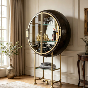 Circular Fiberglass Wine <b>Bar</b> <b>Cabinet</b> Tempered Glass Door Brass Metal Base Retro Industrial for Upscale Villa Dining Space This - Product Image 3