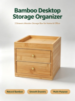 Organizador de Almacenamiento de Bambú Natural con 2 Cajones, Caja de Almacenamiento de Escritorio Multiusos para Cosméticos, Papelería, Té