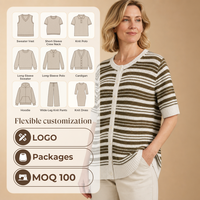 Pull personnalisé pour femme, motif rayé, style preppy, pull en tricot à col rond pour femme, cardigan en laine et viscose