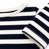 Robe midi décontractée à col bateau et manches 3/4 en coton rayé breton 240 GSM, style chic français, grandes tailles 1X-5X, OEM